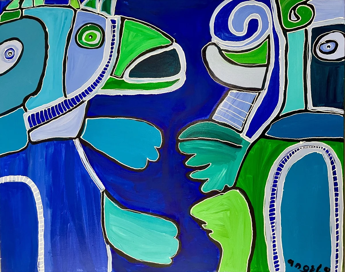 In gesprek — schilderij door Angéla van Vught, 80 × 100 cm